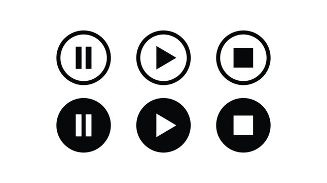 Minimalist vector graphic set featuring black and white multimedia control buttons for digital interface design and mobile application user navigation