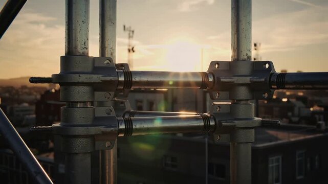 Glinting metal mast with bolted clamps reflecting sun slipping behind rods on rooftop, lens flare
