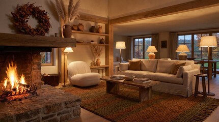 Obraz premium Cozy living room interior with burning stone fireplace and comfortable beige furniture