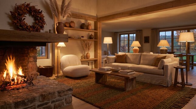 Cozy living room interior with burning stone fireplace and comfortable beige furniture