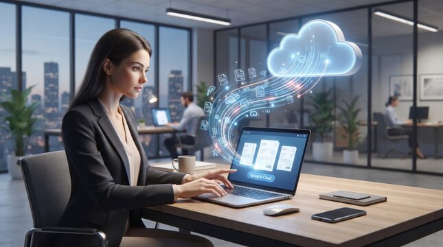 Business professional working on a laptop with a floating digital cloud computing interface in a corporate office environment computing technology business