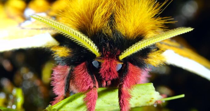 Brightly coloured male Saturniid moth with feathered antennae shivering, vibrating its flight muscles to raise its body temperature to prepare for  flight. In cloud forest at Yanayacu, Napo province, 