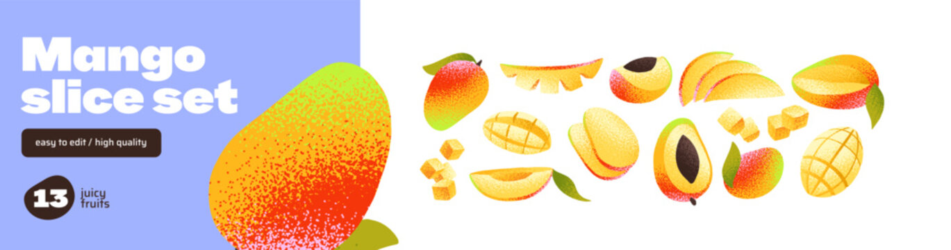 Mango slices set. Pieces of fresh tropical fruit. Halves and whole juicy plants with stone. Healthy exotic food. Cut organic and natural snacks. Flat isolated vector illustrations on white background.