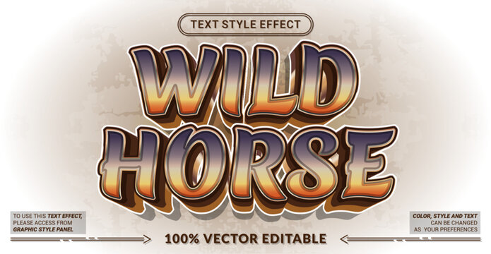 Wild Horse 3D editable text effect vector template for western posters, equestrian event flyers, country festival banners, and outdoor adventure graphics. Fully customizable graphic style.