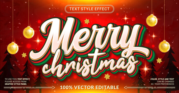 Merry Christmas 3D editable text effect vector template with glowing ornaments background for holiday greeting cards, festive posters, winter party flyers, and Xmas banners.