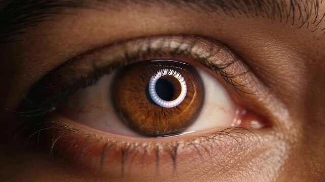 Close-up brown eye widening as fingertip pulling lower eyelid for exam, ring light reflecting