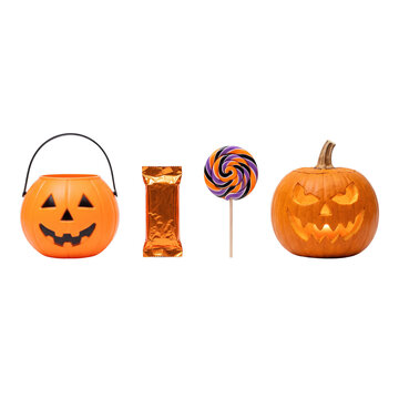 Halloween Icons: Jack-o'-lantern bucket, candy wrapper, swirl lollipop, carved pumpkin, festive treats, autumn celebration, spooky season symbols