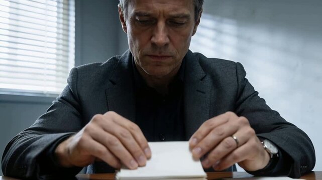 Inspecting card stack, man wearing blazer lifting, turning and aligning cards at table