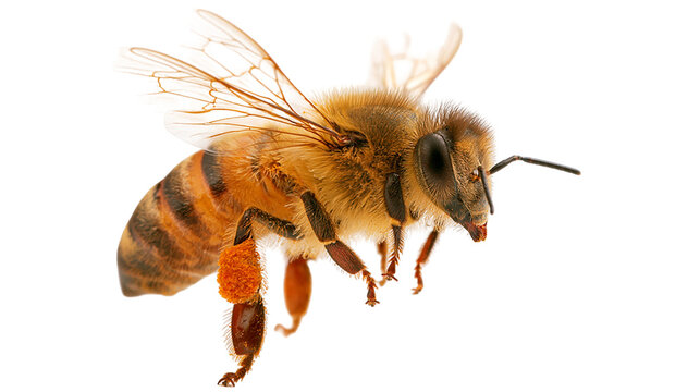 Honey bee with orange pollen on legs and translucent wings