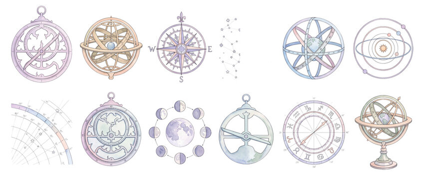 Vintage astrolabe armillary sphere set celestial navigation icons featuring zodiac wheel moon phases compass rose astrology astronomy equipment collection isolated on black background for design