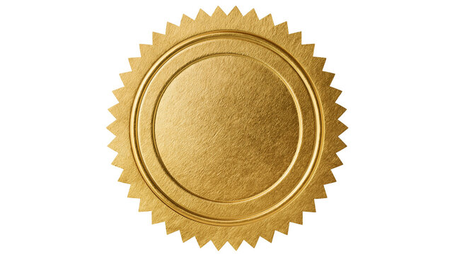 Metallic gold foil circular seal with serrated edges and embossed center