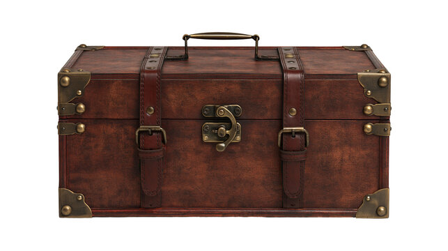 Vintage dark brown wooden storage chest with leather straps and brass hardware