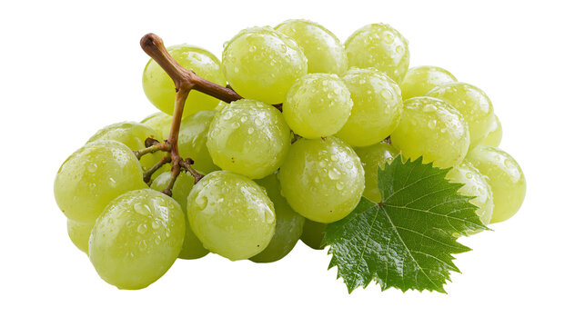 Fresh green grapes cluster with water droplets and a single vine leaf