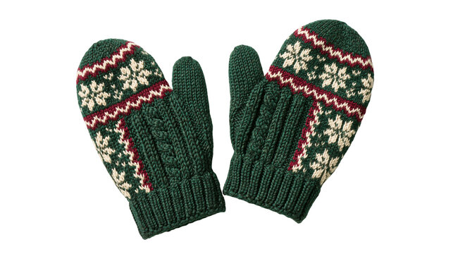 Pair of green knitted winter mittens with white and red snowflake patterns