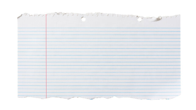 Torn edge lined notebook paper sheet with blue horizontal lines and red margin