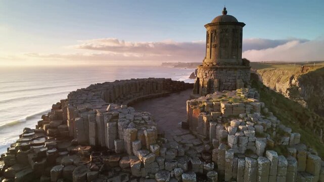Sweeping aerial camera moving forward over basalt columns and cliffs, revealing stone pavilion
