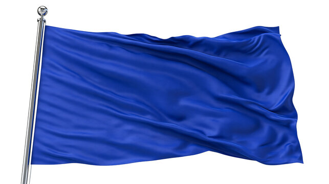 Waving solid blue flag attached to a metallic silver flagpole