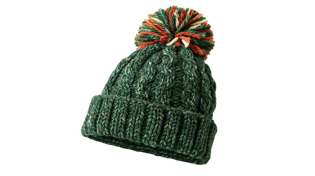 Dark green cable knit winter beanie hat with a multicolored yarn pompom