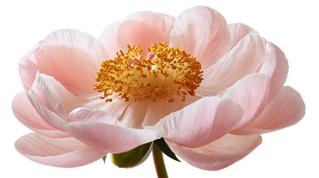 Soft pink peony flower with vibrant yellow stamen center