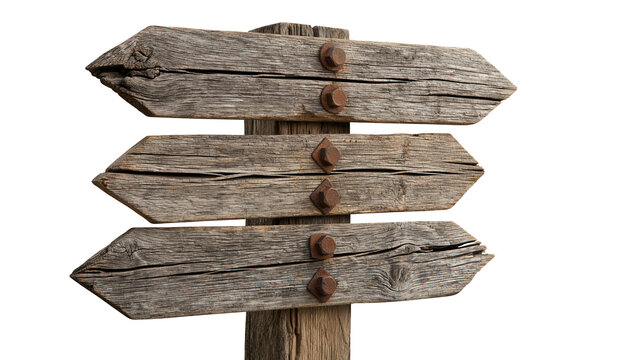 Weathered wooden directional signpost with three arrow shaped planks and rusty bolts