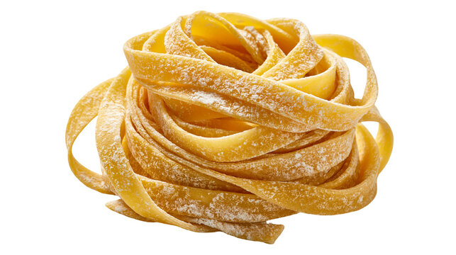Raw golden yellow tagliatelle pasta nest dusted with flour