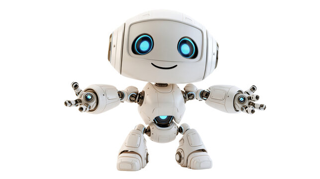Cute white humanoid robot with glowing blue eyes and mechanical body parts