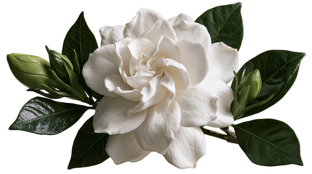 Blooming white gardenia flower with green leaves and closed buds on a branch