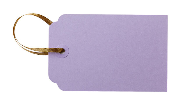 Light purple rectangular paper gift tag with a metallic gold ribbon loop