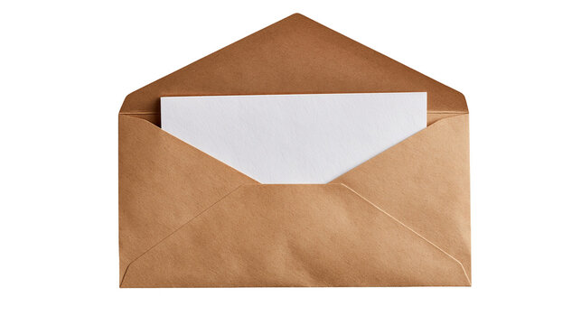 Open brown kraft paper envelope with a blank white card insert