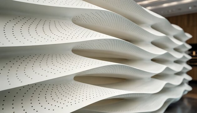 Futuristic parametric wall panel with wavy white texture, modern interior architectural design, abstract 3D curved surface