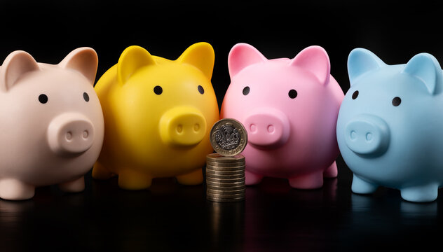 A 1 British pound coin and  colorful piggy banks on a black background.