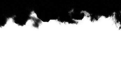 Fototapeta premium Dense black smoke plume billowing across a bright white isolated background captured in high contrast photography style for professional graphic design and artistic overlay composition purposes