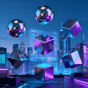 Floating Metallic Geometric Shapes Over Neon Cityscape