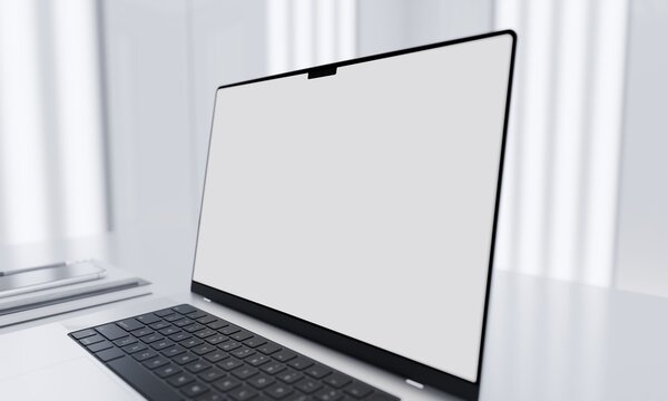 Laptop Blank Screen in Minimalist Laboratory Workspace with Office Supplies