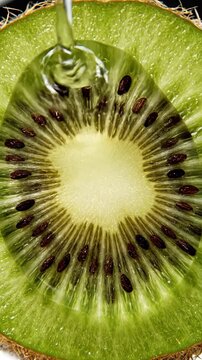 Close-up macro shot of a fresh sliced kiwi fruit with clear water droplets cascading over its vibrant green flesh and black seeds