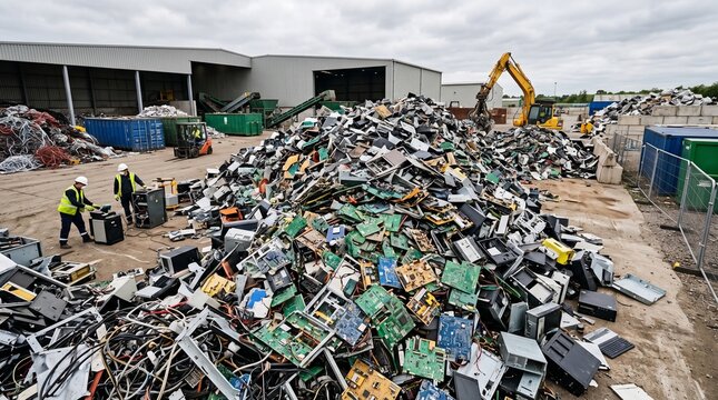 Electronic waste recycling yard with workers and machinery during daytime overcast lighting