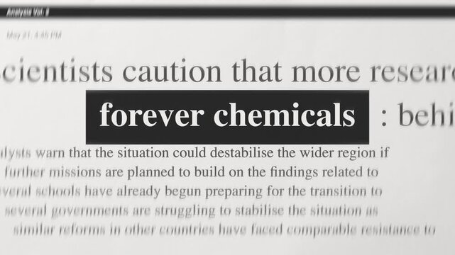 Forever chemicals picked out in bold in a close up news article, text on textured paper. PFAS pollution, contamination and public health coverage