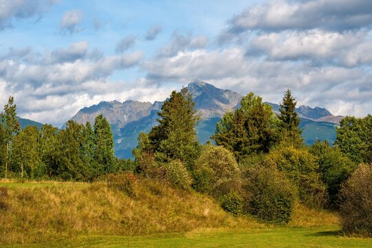 Beautiful autumn landscape with view of Krivan mountain peak in High Tatras National Park, Slovakia. Scenic countryside scenery with green and yellow trees, meadow, blue sky and white clouds.