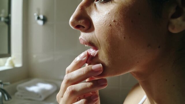 Looking toward mirror adult woman with white-strap pressing, rubbing lip balm at sink for lip care