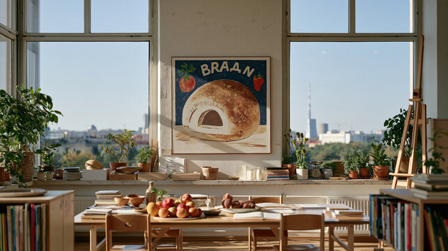 Uzbek bread oven illustration adorns a kindergarten international kitchen mural as a plant care consultant apprentices under an expert botanist, a dusty windowsill catching