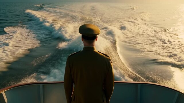 Uniformed man stands on rear deck of moving vessel facing foamy ocean wake, framed from behind as warm golden sunlight reflects across rolling water and curved railing