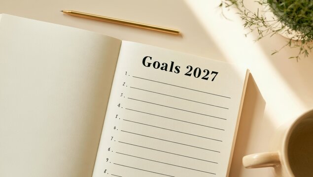 Goals 2027 notebook page with pen in bright workspace