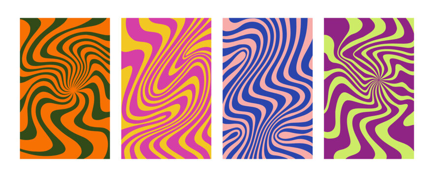Posters with psychedelic patterns of colourful swirls. Abstract geometric art. Backgrounds with waves and swirls. Funky pattern of wavy lines in retro style. Radial psychedelic texture with rays.