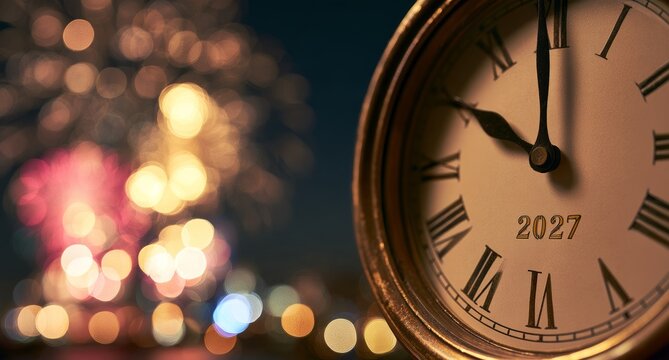 Vintage clock with 2027 and New Year lights at night