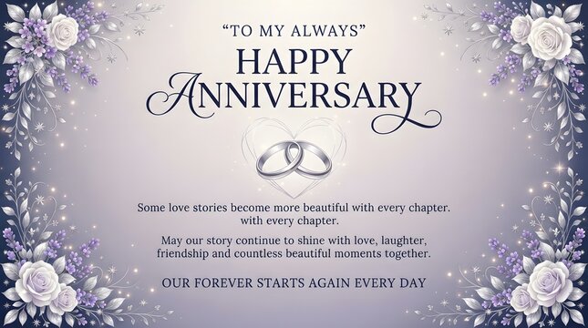 A romantic anniversary greeting card with silver rings and delicate lavender floral decorations.