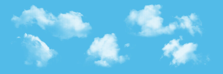 Obraz na płótnie Canvas Cloud halftone background. White halftone texture cloud with grunge dots on blue sky creates vintage pop art backdrop. Summer sky pattern for retro comic book designs. Abstract vector illustration.