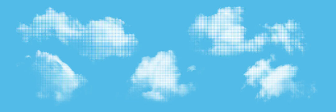 Cloud halftone background. White halftone texture cloud with grunge dots on blue sky creates vintage pop art backdrop. Summer sky pattern for retro comic book designs. Abstract vector illustration.
