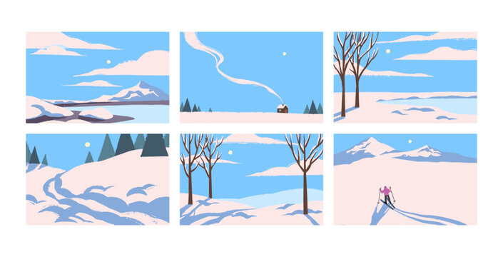 Winter landscapes set. Snowy scenes with trees, house with smoke, skier and mountains. Winter time background. Posters with snow landscapes. Christmas travel in nature. Cards with cold February day.