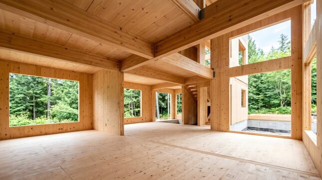 Interior of a cross-laminated timber house under construction with large windows viewing lush forest for sustainable architecture and green building technology concept.