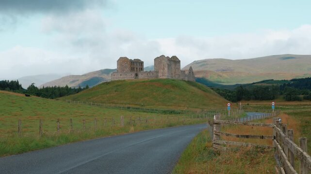 Ruins of Ruthven Barracks, an 18th-century military fort built after the Jacobite Rising, standing on a historic mound near Kingussie in the Scottish Highlands - Scotland, United Kingdom - 2 September